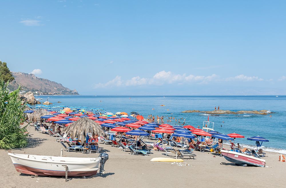 Beach with Colorful Umbrellas and Boats, Sicily, Italy art print by Richard Silver for $57.95 CAD