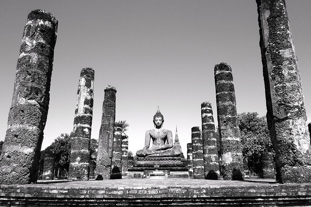 Buddha Statue in Black and White with Columns art print by Artographie for $57.95 CAD