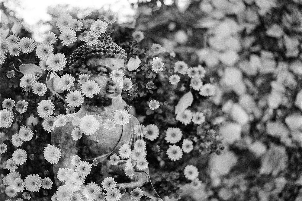 Buddha Statue in Black and White with Flowers art print by Artographie for $57.95 CAD