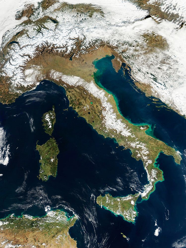 Snow covers the Alps in the north of Italy Viewed from Space art print by NASA for $57.95 CAD