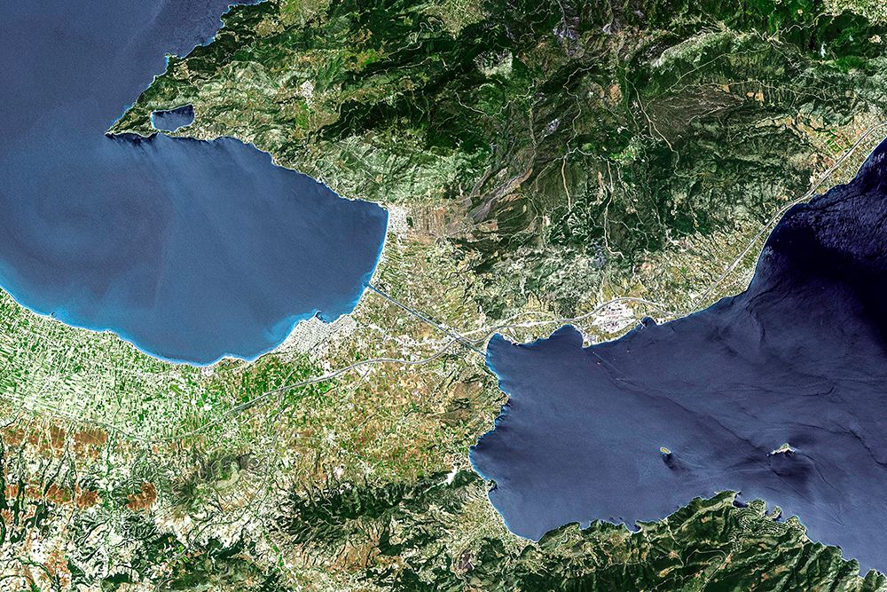 The Isthmus of Corinth - Greece from Space art print by NASA for $57.95 CAD