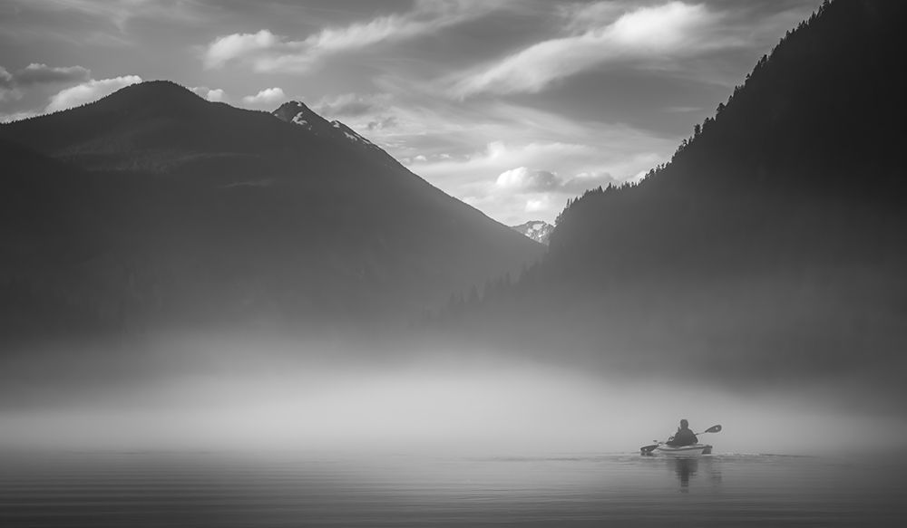 Kayaker in the Mountain Mist art print by Don Schwartz for $57.95 CAD