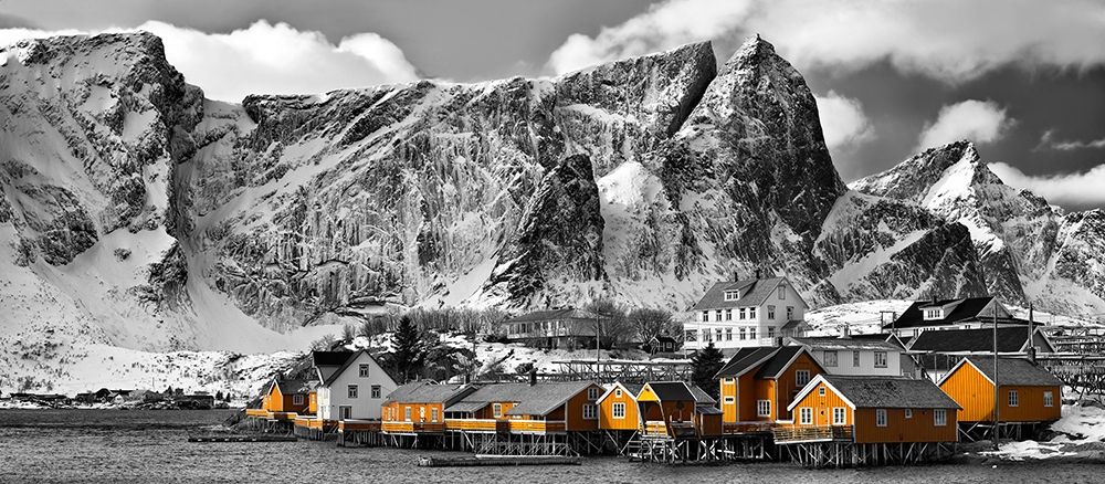 Lofoten Reine Panorama mit gelben Hauser art print by Rolf Fischer for $57.95 CAD
