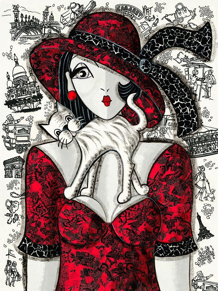 Chat sur robe rouge art print by MIROTA for $57.95 CAD