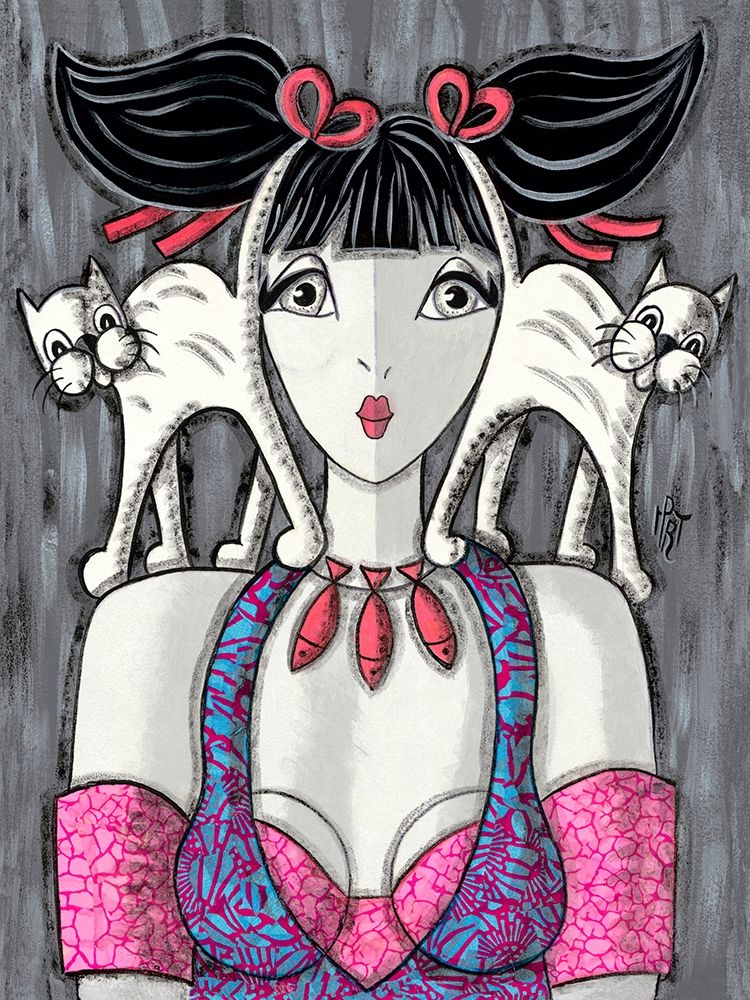 Deux chats-trois poissons art print by MIROTA for $57.95 CAD