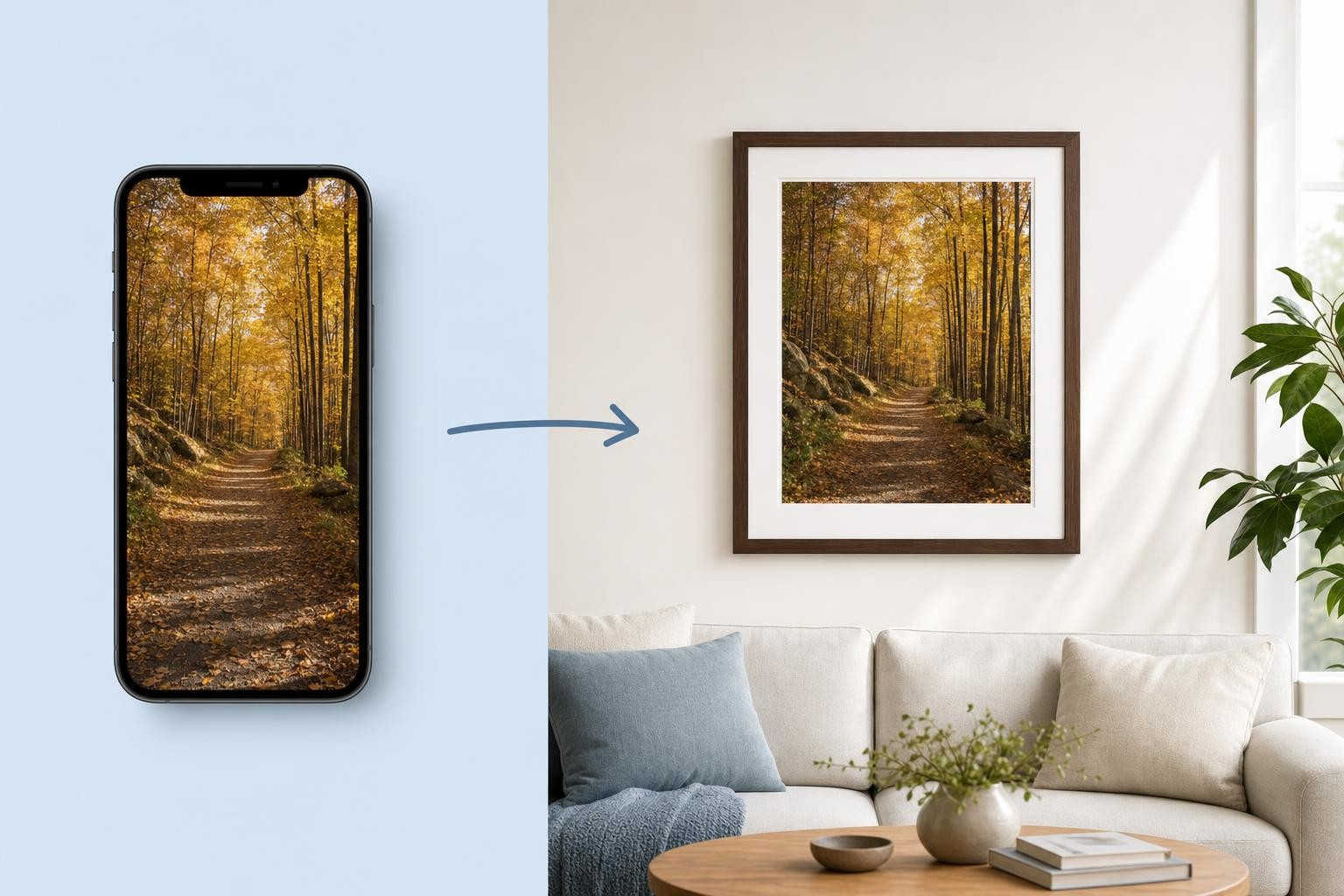A phone photo turned into a custom framed print hanging on a living room wall
